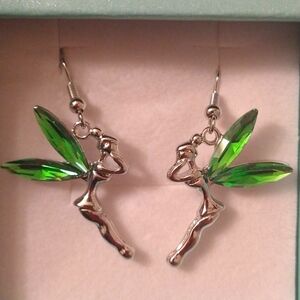 Tinkerbell Fairy Green Crystal Wing Earrings